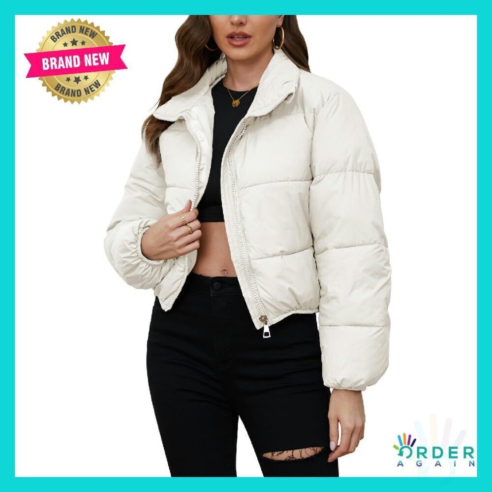 Cropped Puffer Jacket Winter Warm Full Zip Stand Collar Chic Outerwear with